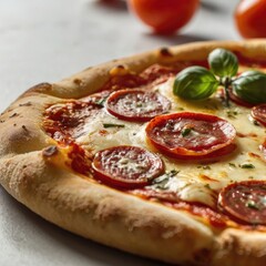 Slice of fresh pizza with pepperoni on white 