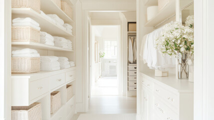 Fototapeta premium A bright and organized closet features neatly stacked towels and woven baskets, creating serene and inviting atmosphere. soft color palette enhances calmness of space