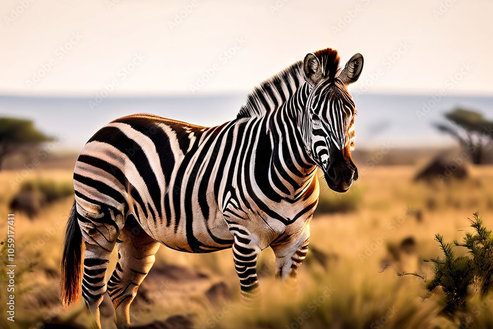 Poster quagga extinct zebra subspecies grazing on open plain