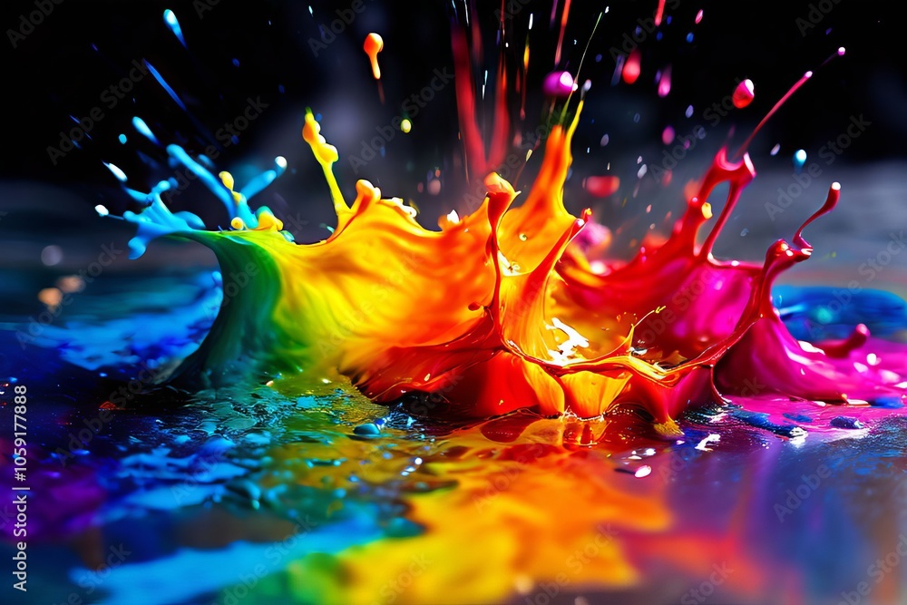 Poster rainbow splattera splatter that forms a vibrant multicolored arc
