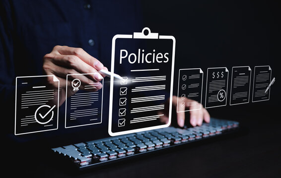 Policy documentation and compliance concept. A person reviews digital document labeled "Policies" with icons, checklists, certifications, and financial detail. policy management, regulatory compliance