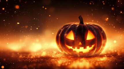 Fototapeta premium A carved pumpkin sits against an abstract background, celebrating Halloween decorations in autumn