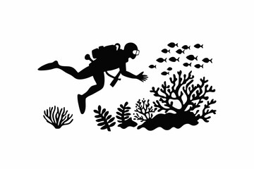 Scuba Diver Silhouette Vector with Coral Reef