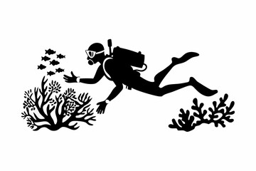 Fototapeta premium Scuba Diver Silhouette Vector with Coral Reef