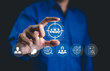 Recruitment and talent acquisition concept. Selects digital icon representing target with group of...