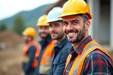 Team of Construction Workers wearing Helmets and safety vests. Builders European Men smiling and looking at camera. Blurred background of Construction Site