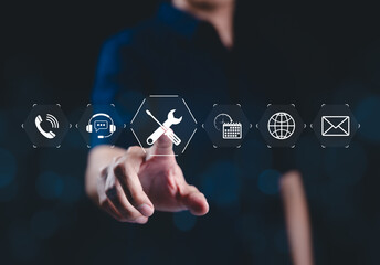 Technical Support and Customer Service Concept. Icon of tools, with icons for customer service,...