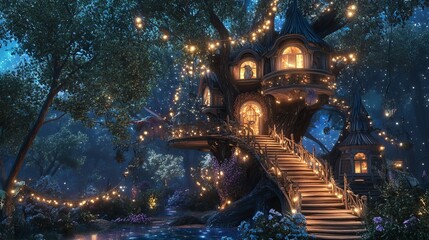 Whimsical Treehouse Surrounded by Enchanted Nature