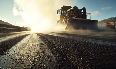 Yellow construction vehicle on a road.