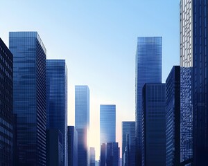 Fototapeta premium Sleek Minimalist Cityscape with Reflective Glass Skyscrapers Silhouetted Against Clear Blue Sky
