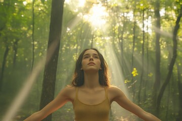 Generated iYoung woman with arms open in a lush green forest, basking in sunlight filtering through the trees, conveying a serene connection with nature.mage