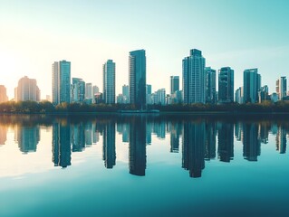 Fototapeta premium Serene City Skyline Reflected in Tranquil Lake with Towering Buildings