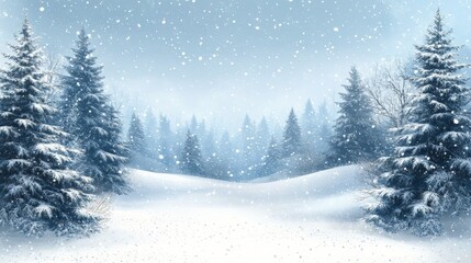 Snowfall in a tranquil winter landscape with evergreen trees during a serene afternoon