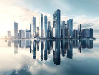 Obraz premium Majestic City Skyline Reflected in Serene Lake Tranquil Urban Landscape with Mirrored Skyscrapers