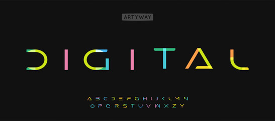 Youthful futuristic alphabet, wide geometric letters, vibrant colorful font for tech logos, playful headline, colorful typography, artistic design. Vector typeset.