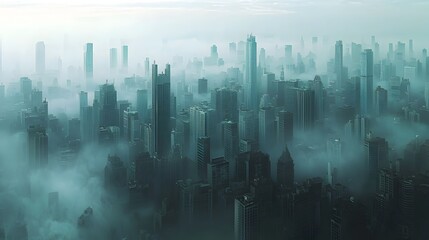 Fototapeta premium Densely Packed City with Skyscrapers Rising Through Layers of Ethereal Fog