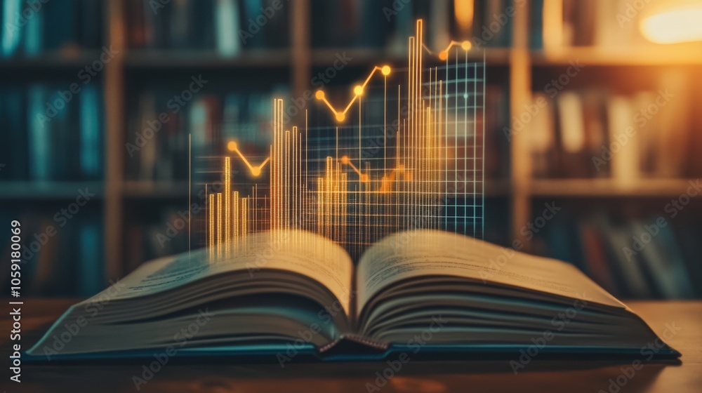 Poster data visualization over open book with graphs