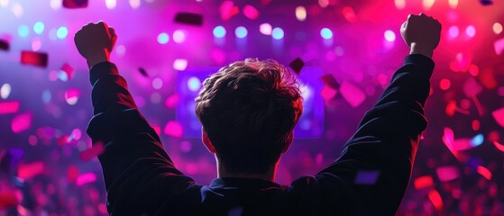 Victorious gamer with hands raised after winning a tournament, glowing screen, confetti, and colorful lights in the background.