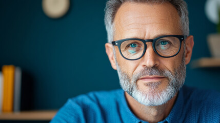 mature man with glasses and beard, looking thoughtfully at camera. His expression conveys confidence and wisdom, set against modern background