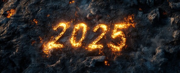 Fiery representation of the year 2025 with molten lava glow against a dark volcanic backdrop