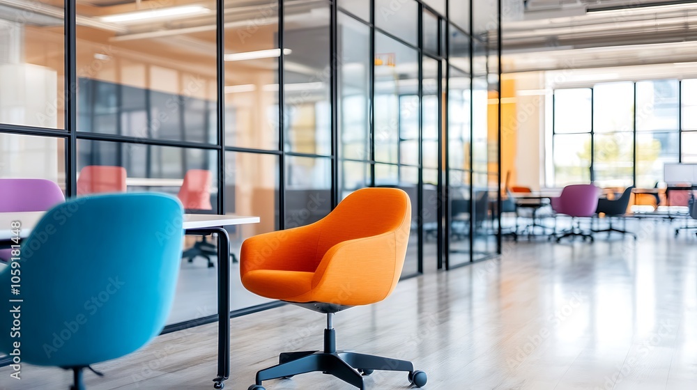 Poster modern office with colorful chairs plain textured background for web design and copy