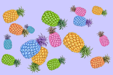 a bunch of colorful pineapples far apart on a purple background
