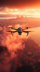 Fototapeta premium A drone with cameras and lights flying over the red desert, with dust clouds rising from below. The sun is setting in the background, casting long shadows on the rugged terrain. High-resolution photog