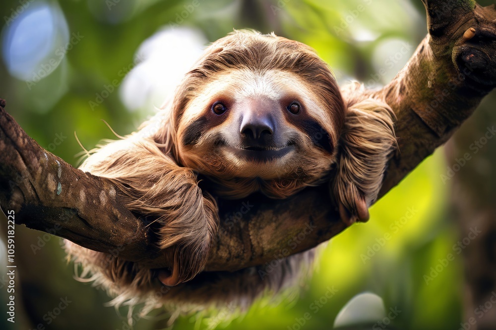 Poster sloth hanging upside down from tree branch lazy smile