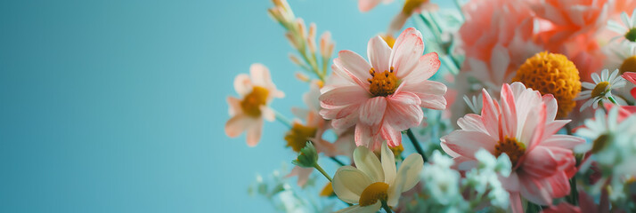 Beautiful Spring Flowers with Pink and White Petals Against a Blue Background