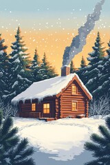 Fototapeta premium Cozy log cabin in a snowy forest landscape at dusk with warm lights glowing from the windows