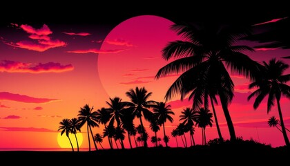 Silhouettes of palm trees against a vibrant sunset over the ocean.