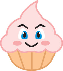 Vector illustration of a sweet pink cupcake with a cute smiling anime style face. Cartoon food and sweets illustration