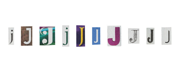 Set of isolated cut-out letter “J” from magazines on a transparent background, retro y2k style