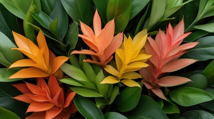 Fototapeta premium Colorful bromeliad flowers in shades of orange, yellow, and red surrounded by lush green leaves.