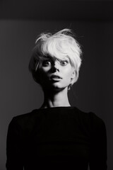 Surprised woman with short white hair, wearing a black dress against a dark background. High contrast and dramatic lighting emphasize her expression.