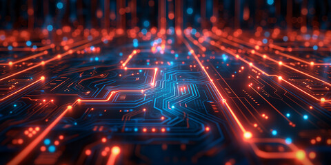 Obraz premium Futuristic HighTech Circuit Board with Glowing Blue and Orange Elements