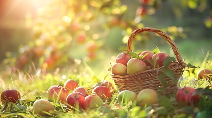 A picturesque scene of apples in a basket on the grass, illuminated by sunlight in a serene orchard setting.