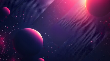 Abstract cosmic background with glowing planets and lines.