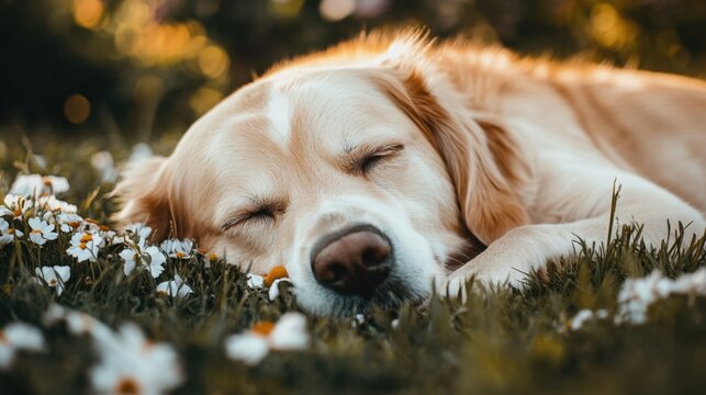 Large dog lying down on a grassy field with flowers around, soft daylight bringing out details in his fur - Powered by Adobe