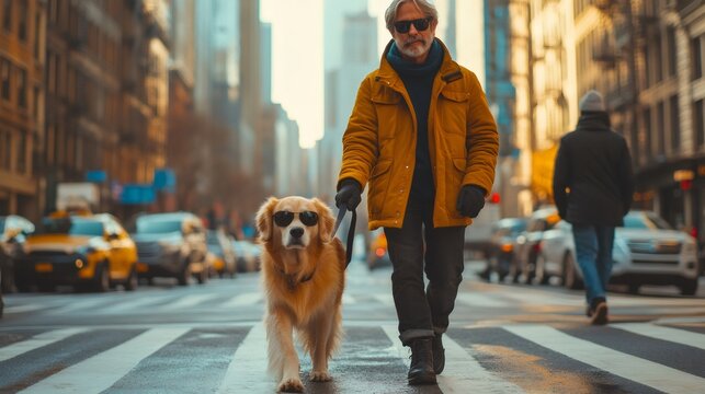 visually impaired individual with sunglasses navigates a bustling urban area with a guide golden retriever dog, confidently crossing a busy intersection