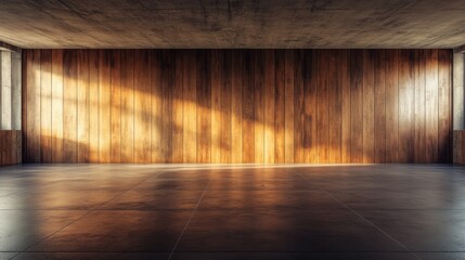 Modern Empty Space with Wooden Wall and Concrete Floor