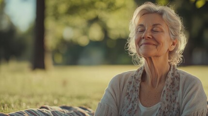 Blonde elderly woman on a blanket in a park, warm smile, eyes closed; blurred green background adds depth.