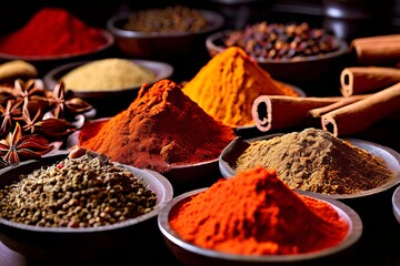spices a close up of spices with colorful aromatic powders and a