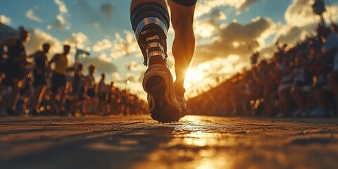 adaptive sports, para-athlete with a prosthetic leg competes in a running event in a stadium, close up