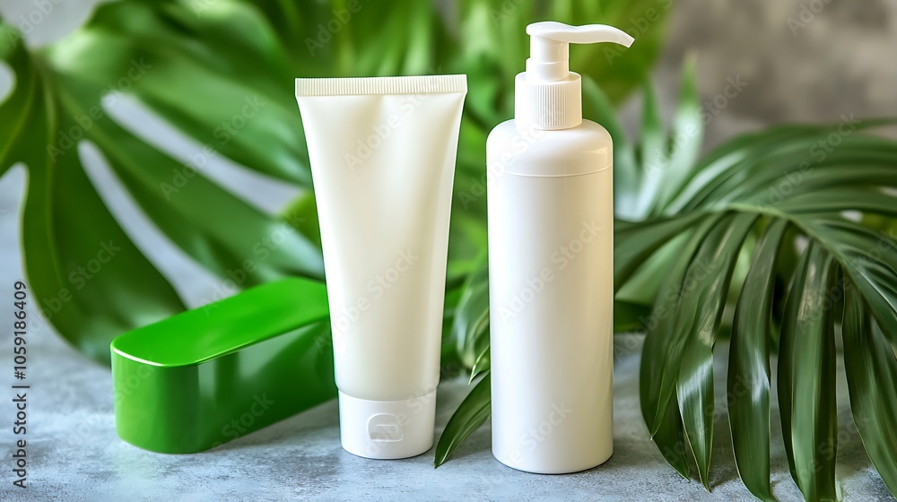 Poster white bottles mockup with tropical leaves plain textured background for web design and copy