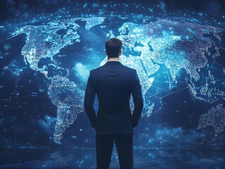 Business Leader Visualizing Global Expansion Opportunities on Virtual World Map