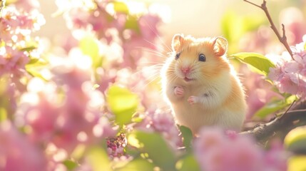 small cute hamster exploring a lush garden with pink blossoms on the background in natural sunlight