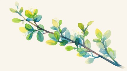 Obraz premium Charming watercolor of a single branch with spring buds and young green leaves in pastel shades isolated illustration on white background for banners postcards 