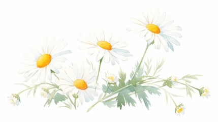 Obraz premium Minimalistic watercolor of spring daisies with white petals and yellow centers isolated on white background high resolution for postcards banners high quality sharp focus and detail