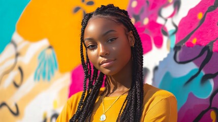 Woman with long braids standing in front of a colorful mural, bright and lively atmosphere, confident and bold expression